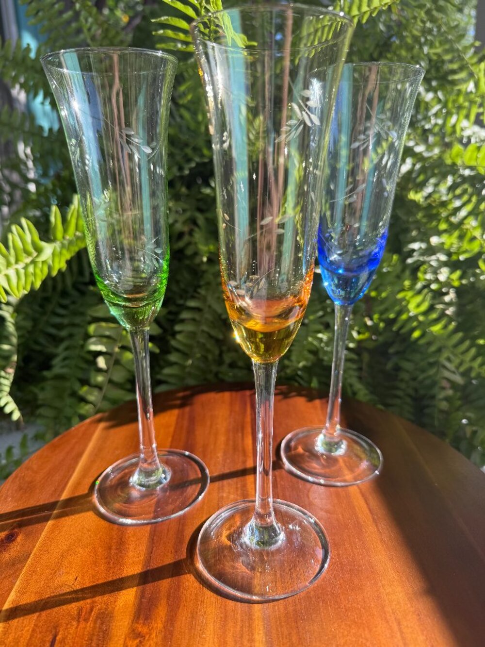 Set of 3 Vintage MCM Crystal Etched Kaleidoscope Jewel Tone Champagne Flutes